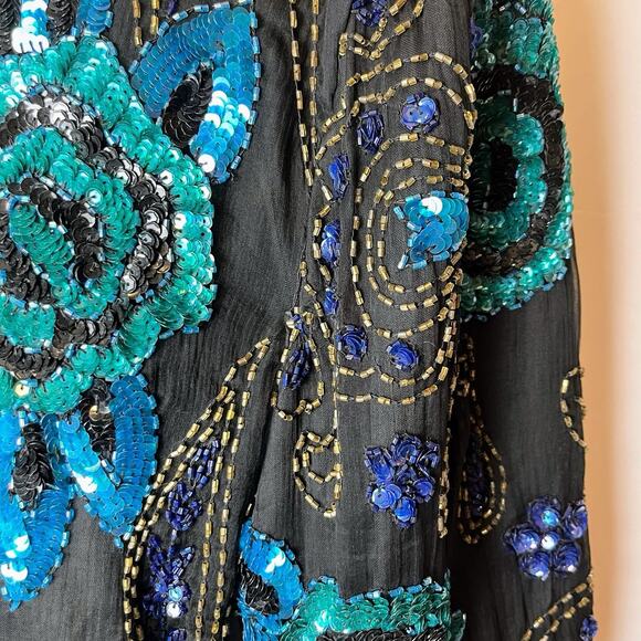 Fantasy by Lisa Kane Vintage XL Silk Beaded Top Black Blue Sequin Floral Beaded - Picture 8 of 16